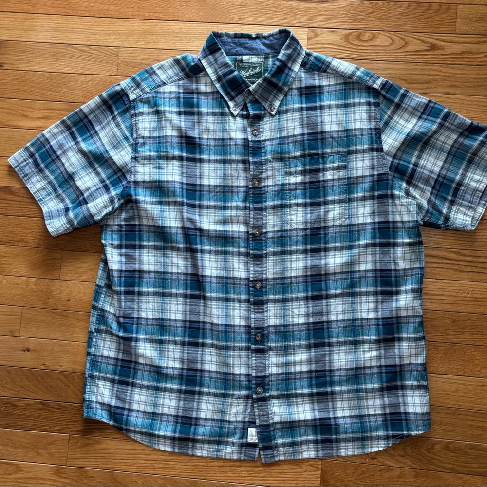 Woolrich Men's Plaid‎ Short Sleeve Button-Up Shirt Teal White Navy Size XL